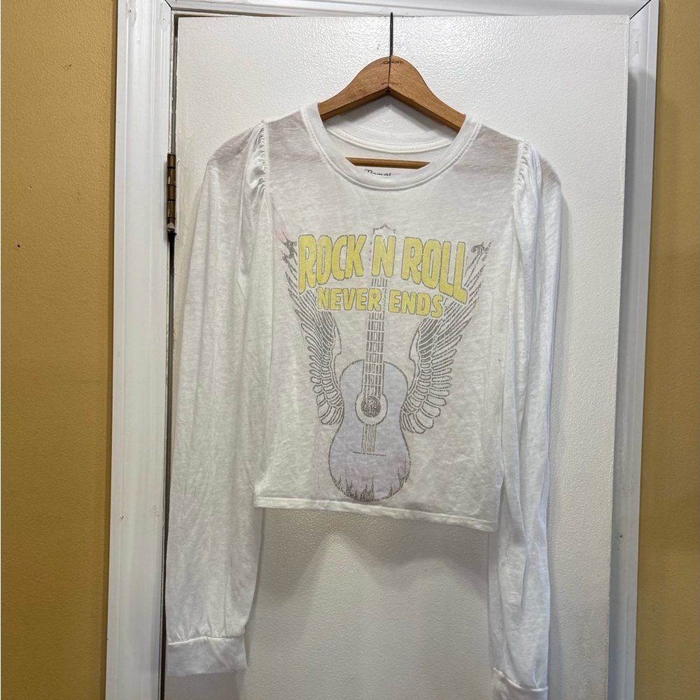 White Long Sleeve Recycled Karma Rock N Roll Graphic Tee! EUC